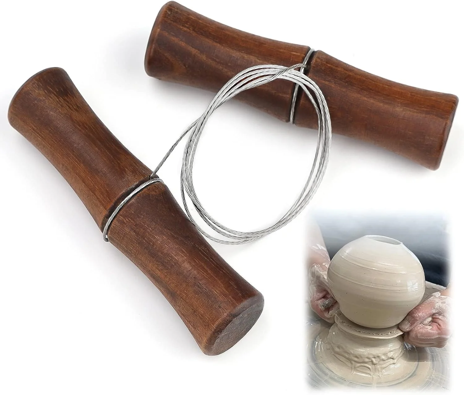 سیم برش гли آزون، ابزار برش гли با دسته چوبی، سیم فولادی ضد زنگ تابیده، ابزار برش гли رسی، برای برش خمیر پلاستیک و سفال (قهوه ای)