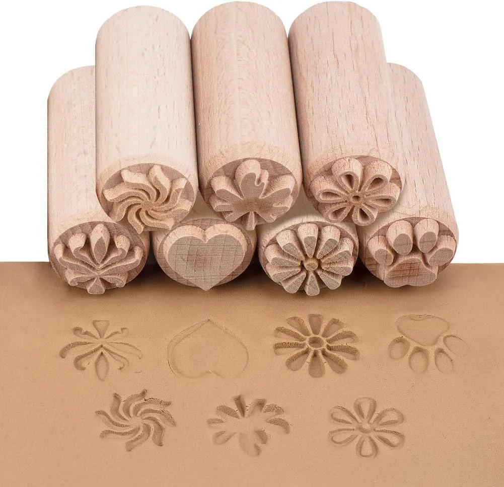 OLYCRAFT 7 عدد ابزار سفالگری چوبی 5x2 سانتی‌متری، مُهر سفالی پلیمری، مُهر چوبی ستونی، مُهر سفالی گرد با الگوهای ترکیبی برای خاک رس و سرامیک