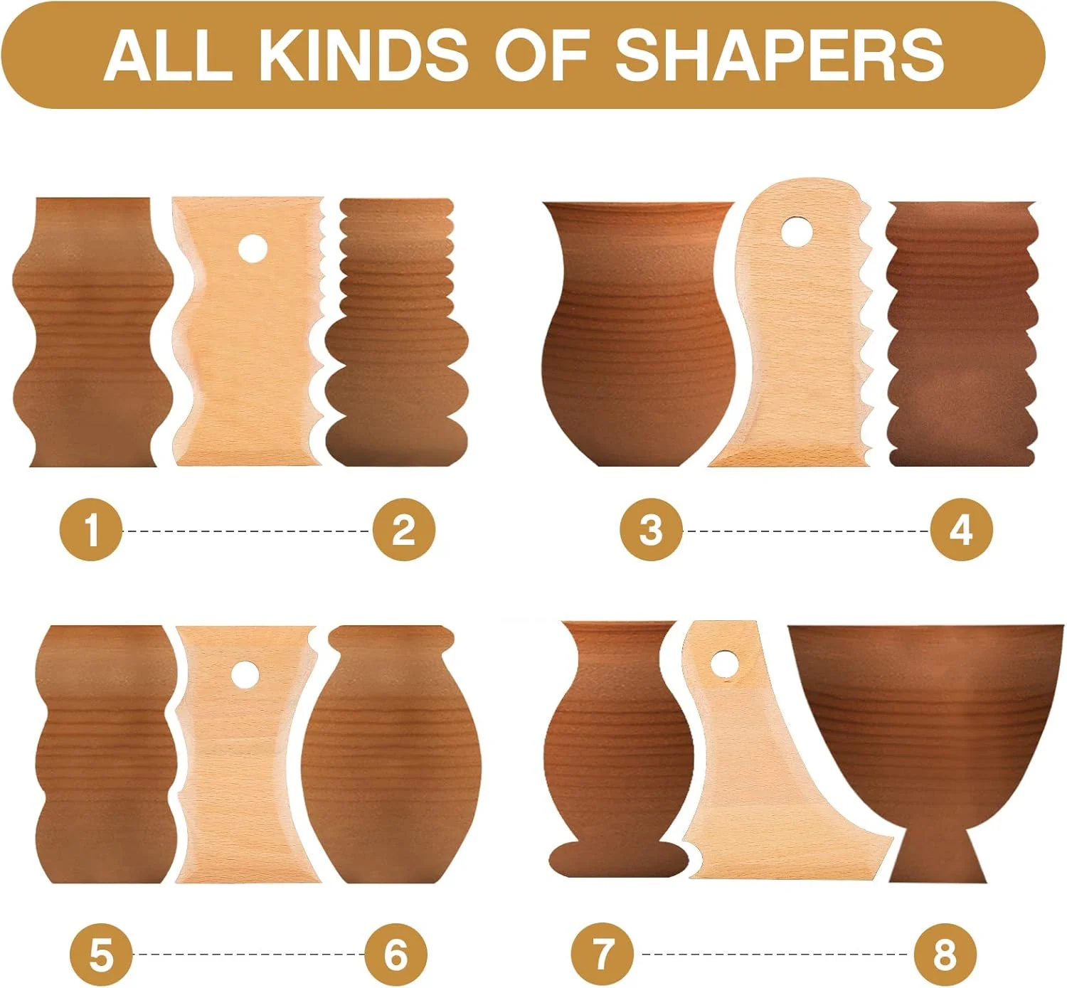 ابزار شکل دهنده پایه سفال بزرگ 7 تکه، ابزار پیرایش سفال، مجموعه دنده پروفیل سفال، شکل دهنده پایه برای سرامیک های سفالی برای حکاکی قالب های رسی، سرامیک های رسی، چوب راش