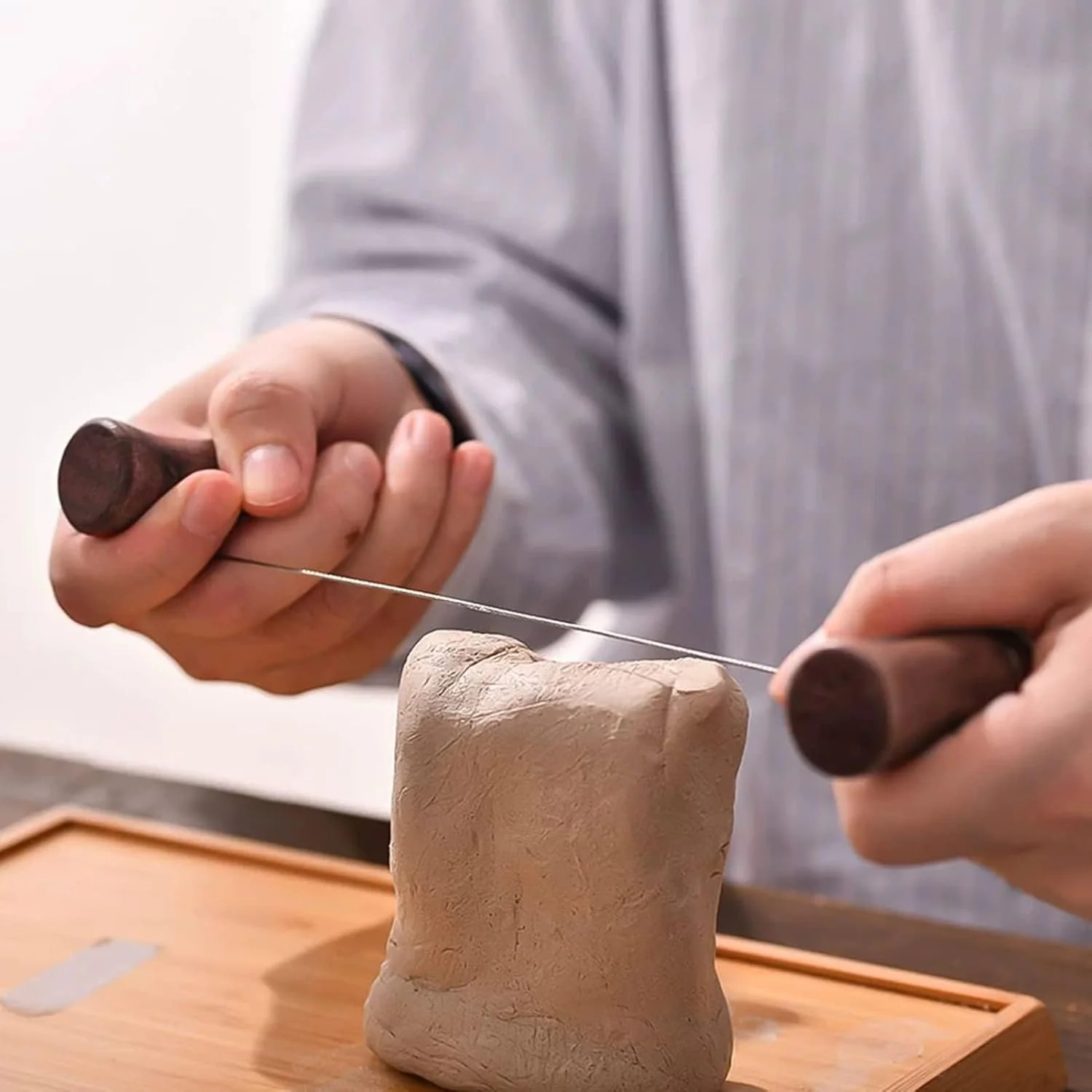 سیم برش гли آزون، ابزار برش гли با دسته چوبی، سیم فولادی ضد زنگ تابیده، ابزار برش гли رسی، برای برش خمیر پلاستیک و سفال (قهوه ای)