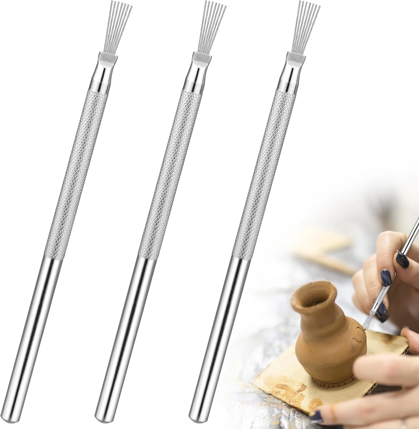 ابزارهای سوزنی سفالی، ابزار بافت سیم پر برای مجسمه سازی سفال، ابزارهای مدل سازی بافت، ابزارهای جزئیات مجسمه سازی سفالی، ایده آل برای بافت و مدل سازی جزئیات مجسمه (3 عدد)