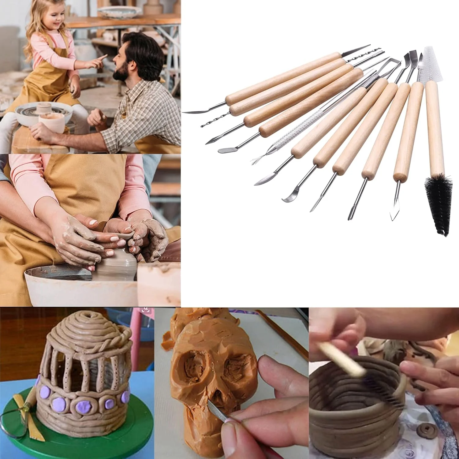 مجموعه ابزار سفالگری 11 تکه KEWAYO با دسته چوبی، کیت ابزار مجسمه سازی خمیر پلیمری، ابزار سرامیکی دسته چوبی DIY، برای مجسمه سازی سفال