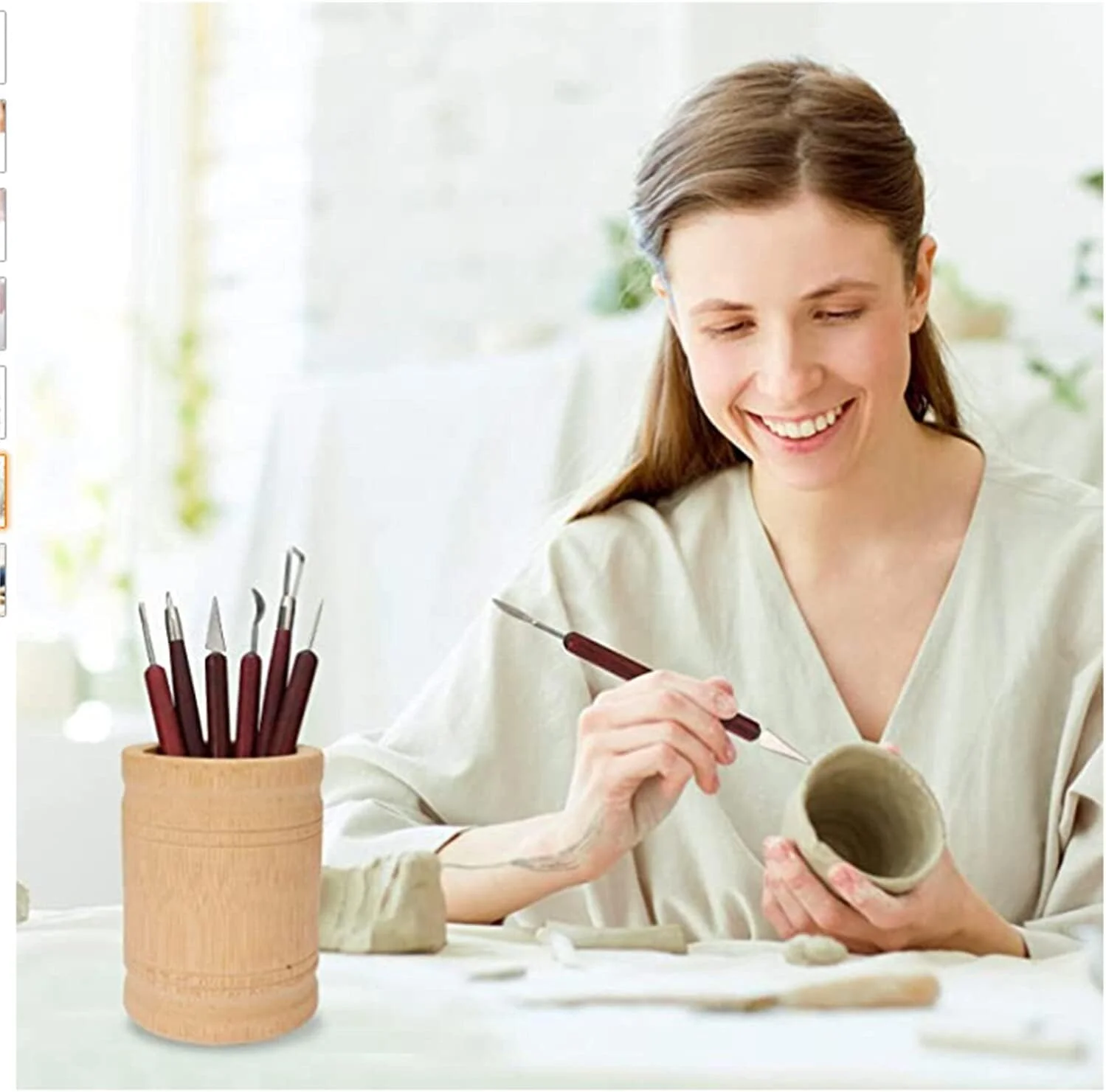 مجموعه ابزار مجسمه سازی رسی DELFINO، ابزار حکاکی حرفه ای دو طرفه، ابزار سفالگری با دسته چوبی برای مجسمه سازی، شکل دهی، حکاکی و صاف کردن، ابزار رسی پلیمری با دقت بالا، 6 عددی