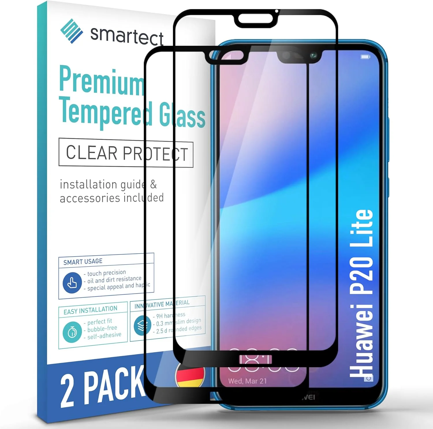 محافظ صفحه نمایش شیشه ای سه بعدی Smartect سازگار با Huawei P20 Lite [خمیده سه بعدی] - شیشه حرارت دیده با سختی 9H - محافظ صفحه نمایش پوشش کامل - پوشش کامل