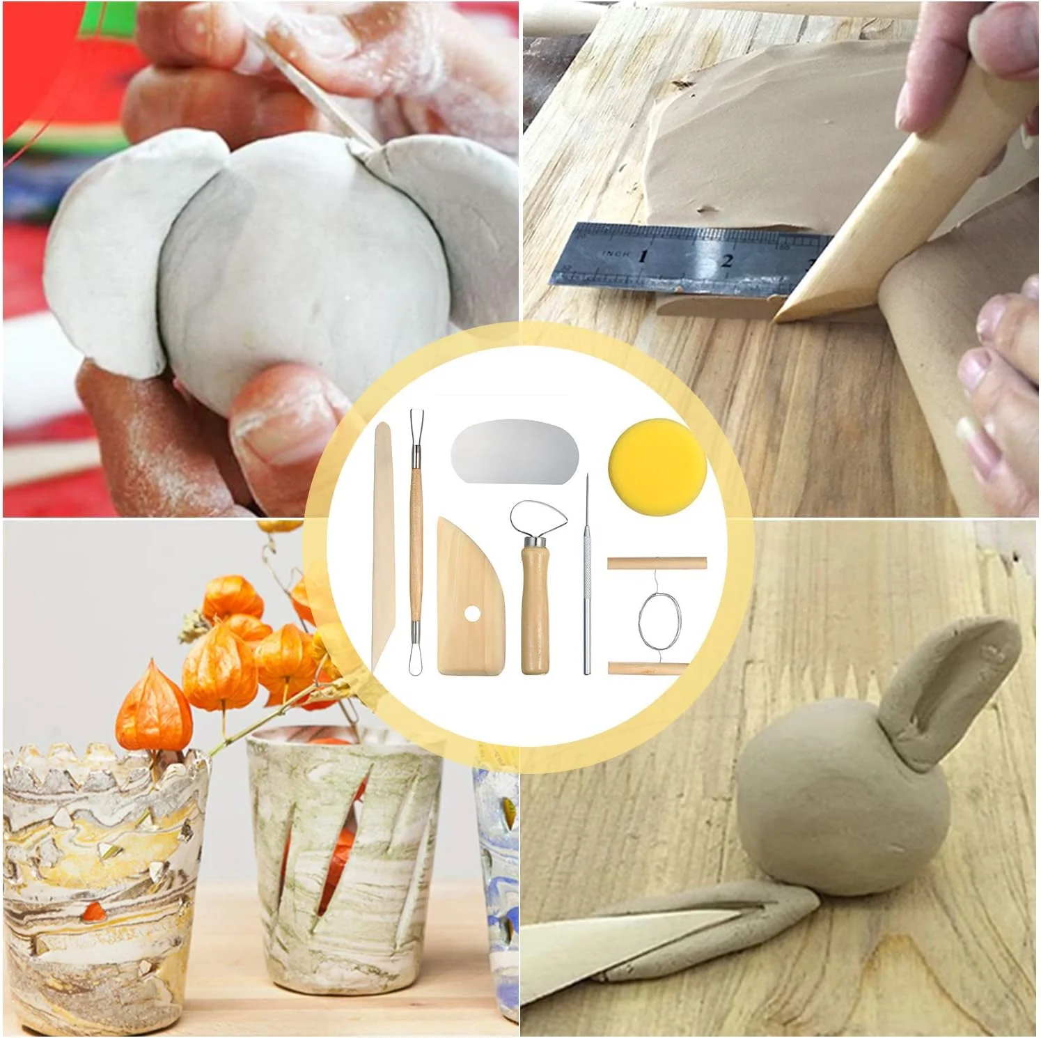 ست ابزار سفالگری SYOSI، مجموعه 8 عددی ابزار مجسمه سازی و حکاکی خاک رس شامل ضروری ترین ابزارهای چوبی برای سفالگران