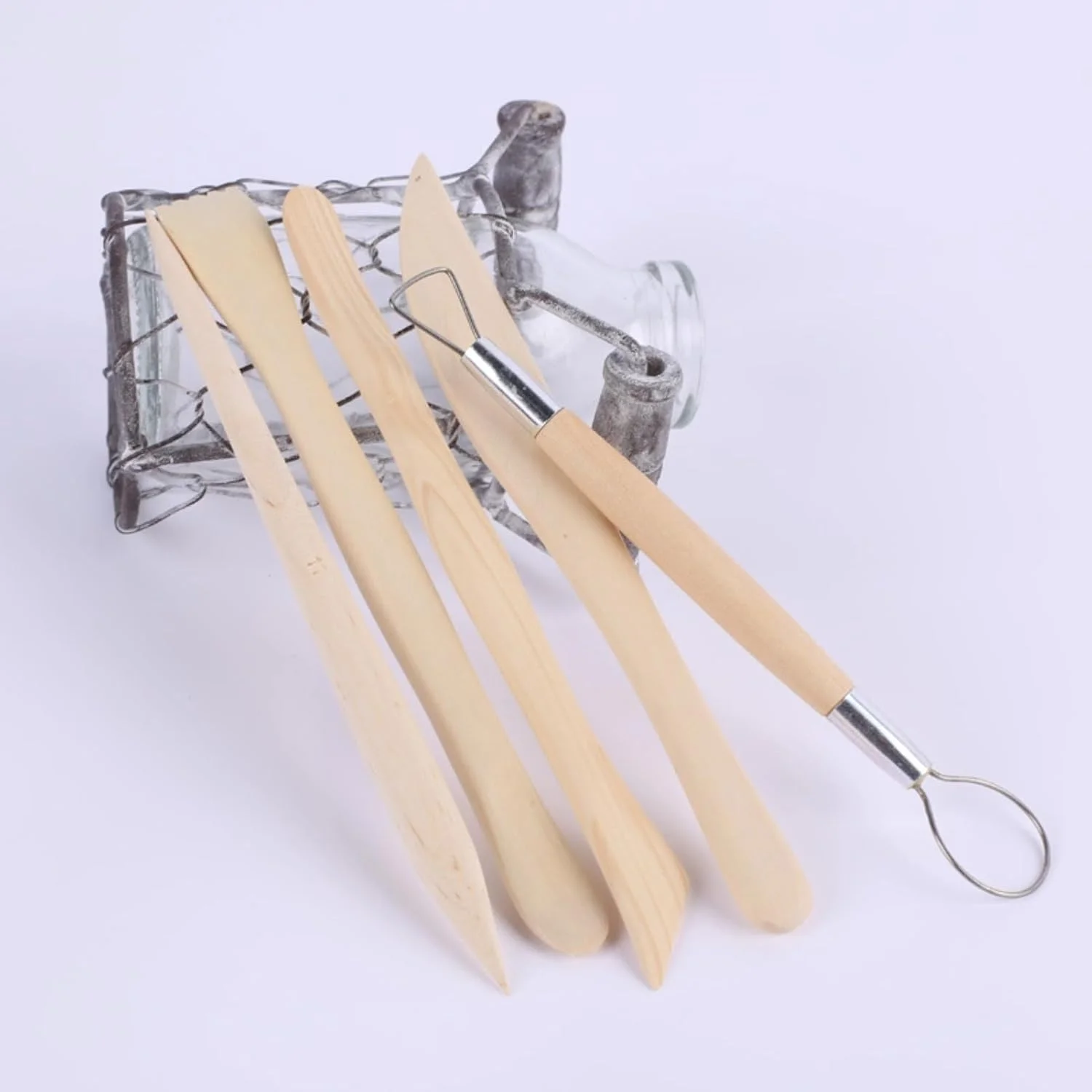 ست 2 عددی ابزار مجسمه سازی سفالی با دسته چوبی لوازم مدل سازی سرامیک