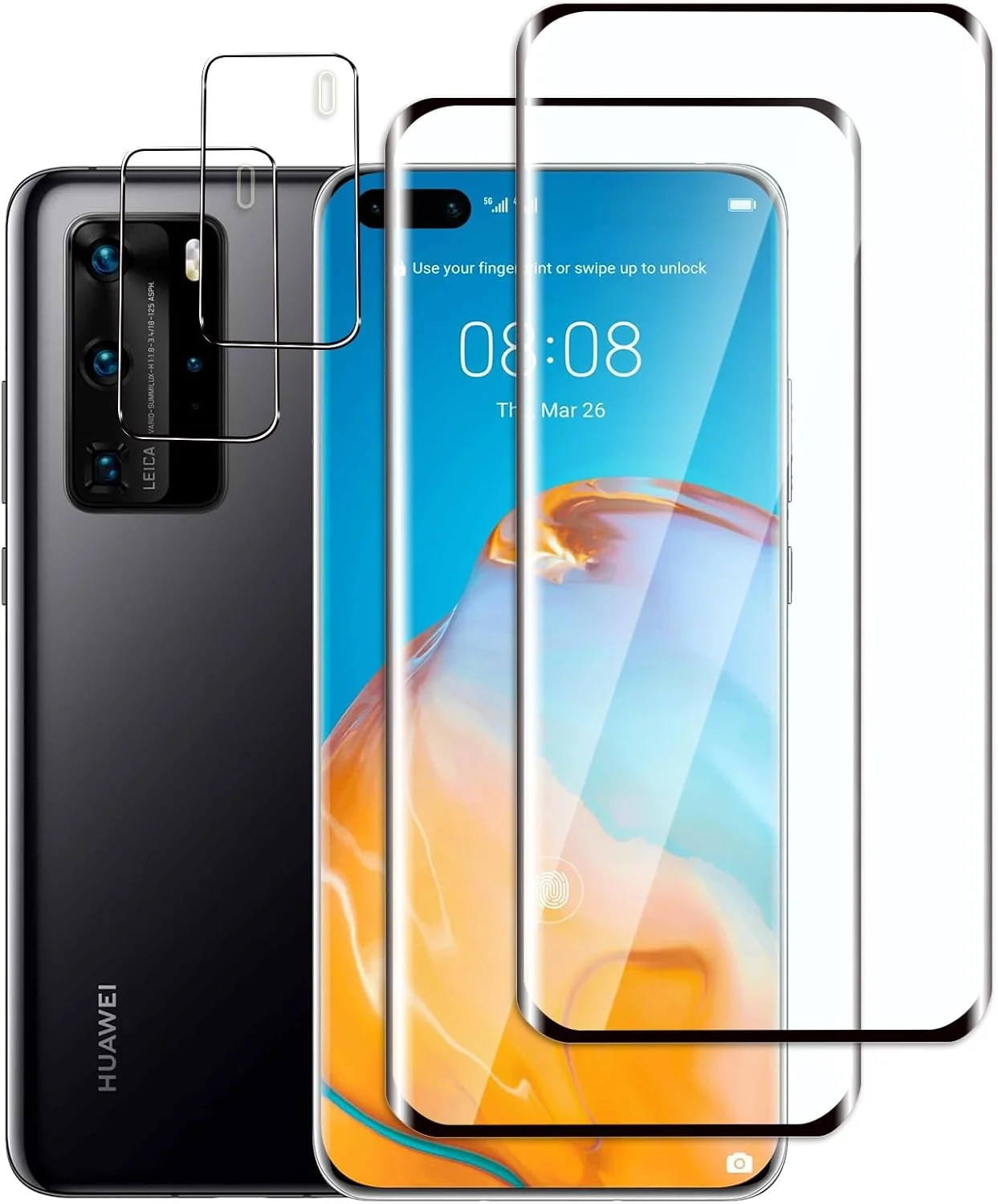 جینشی ویکای بسته 4 عددی، 2 عدد محافظ صفحه نمایش شیشه ای حرارت دیده برای هوآوی P40 Pro و 2 عدد محافظ لنز دوربین عقب، پوشش منحنی 3D، بدون حباب، سختی 9H، سازگار با هوآوی P40 Pro