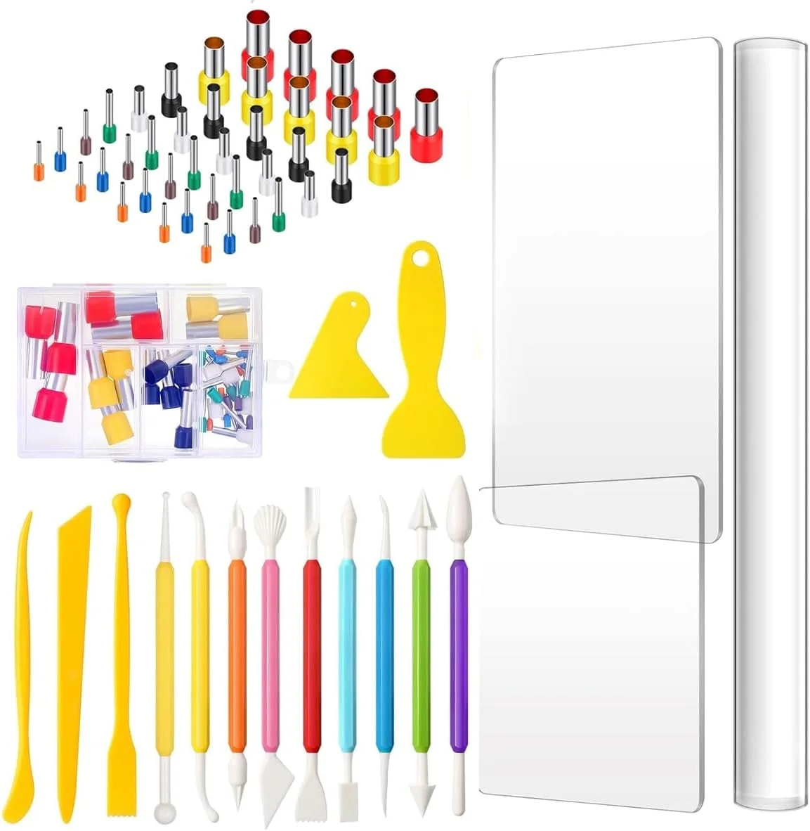 مجموعه ابزار سفال نالاکال، شامل وردنه سفالی، کاردک پلاستیکی، تخته پشتیبان، برشگر دایره ای شکل استیل ضد زنگ، ابزار شکل دهی سفال پلیمری اکریلیک پلاستیکی برای ساخت صنایع دستی DIY، 57 قطعه