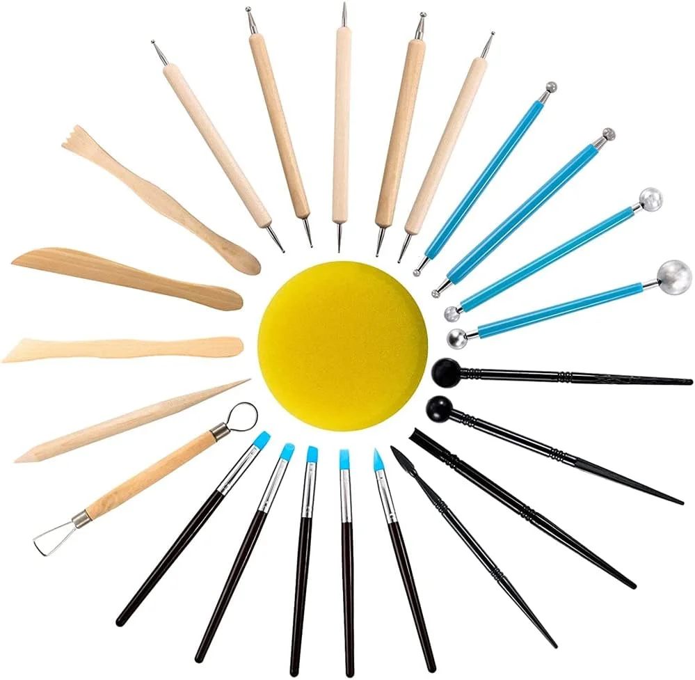 ابزار مجسمه سازی رسی ELECDON، ابزار رسی پلیمری، ست 24 عددی ابزار سفالگری برای بزرگسالان، کودکان و مبتدیان، کیت حکاکی مجسمه سرامیکی دسته چوبی برای نقاشی روی سنگ، مدل سازی رس سفالگری