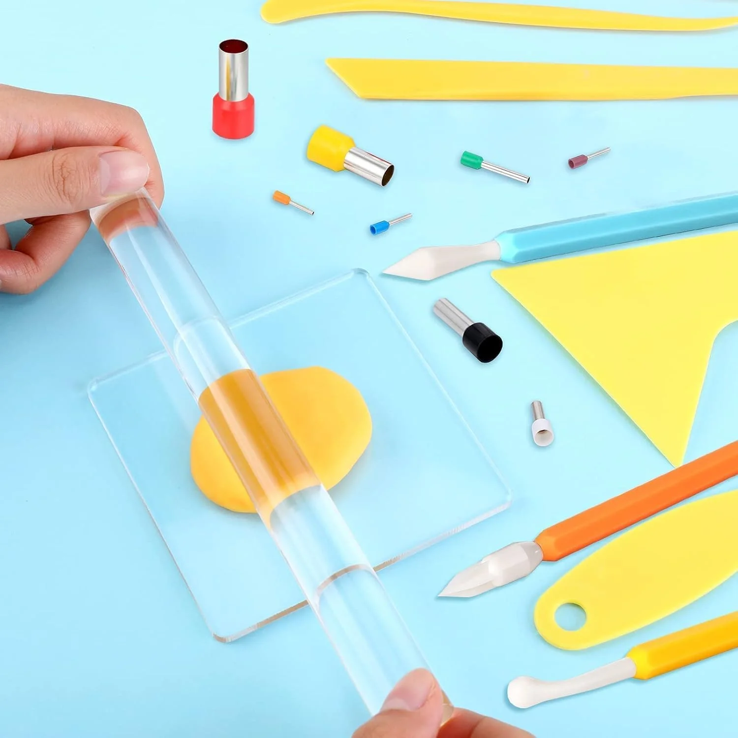 مجموعه ابزار سفال نالاکال، شامل وردنه سفالی، کاردک پلاستیکی، تخته پشتیبان، برشگر دایره ای شکل استیل ضد زنگ، ابزار شکل دهی سفال پلیمری اکریلیک پلاستیکی برای ساخت صنایع دستی DIY، 57 قطعه