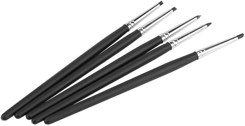 ست ابزار مجسمه سازی خمیر رُس سیلیکونی 5 عددی با دسته چوبی، کیت حکاکی سفالگری برای هنرمندان، مبتدیان و صنایع دستی DIY (مشکی)