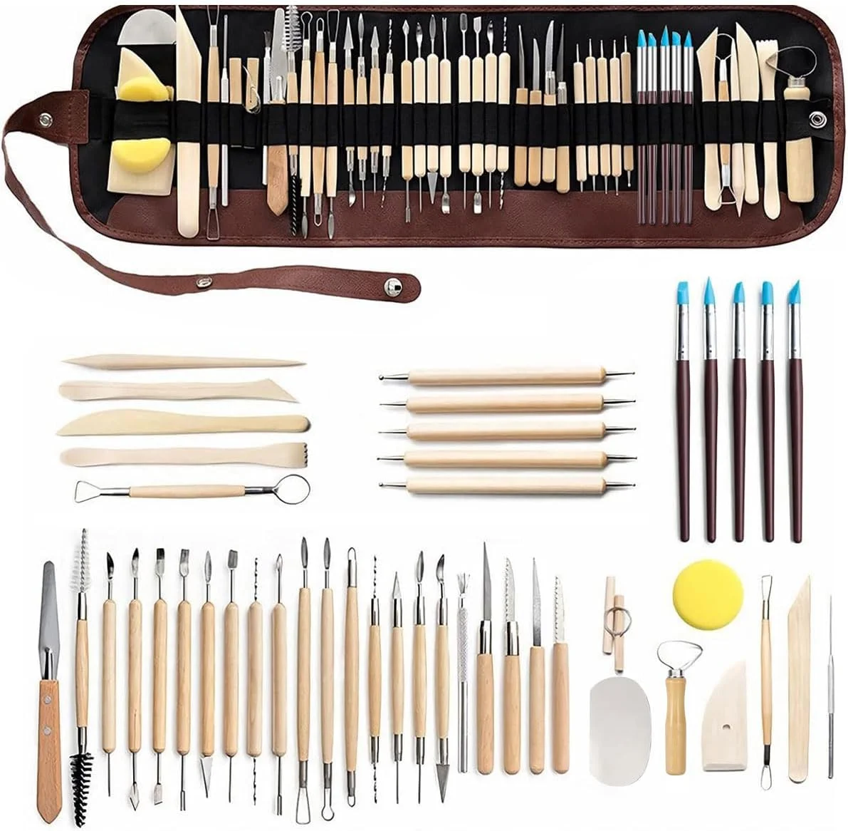 ابزار سفالگری خمیر پلیمری 46 تکه، ابزار مجسمه سازی خاک رس دو طرفه دسته چوبی ابزار حکاکی نقطه گذاری مجسمه سرامیکی، ابزار خمیر نرم پلیمری با دقت بالا برای کاردستی DIY