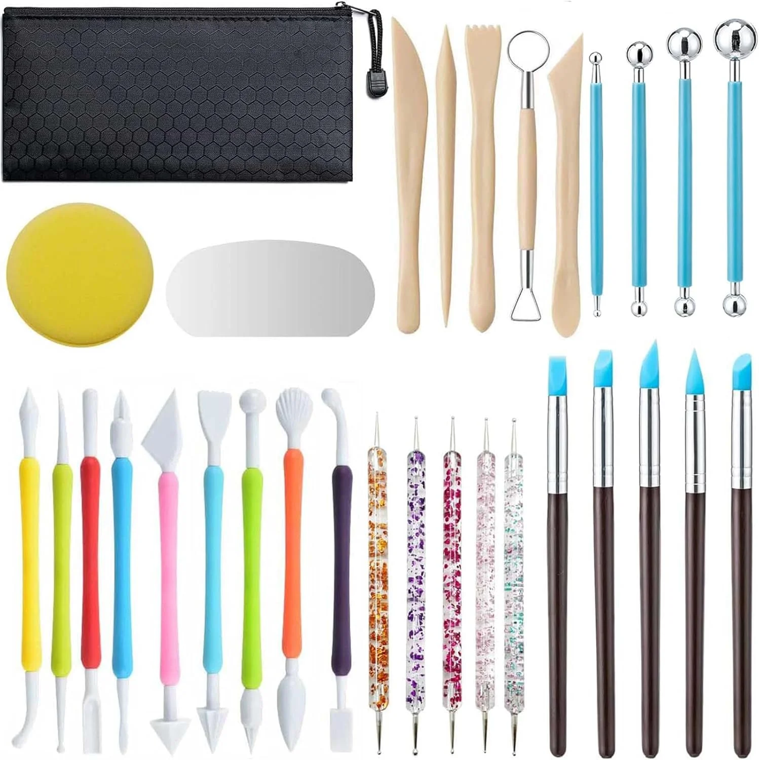 ست ابزار سفالگری، ست 31 عددی ابزار سفالگری، ابزار خاک رس خشک شونده در هوا، ابزار نقطه گذاری خاک رس پلیمری برای حرفه ای ها، مبتدیان و بزرگسالان، مجسمه سازی، مدل سازی، شکل دهی