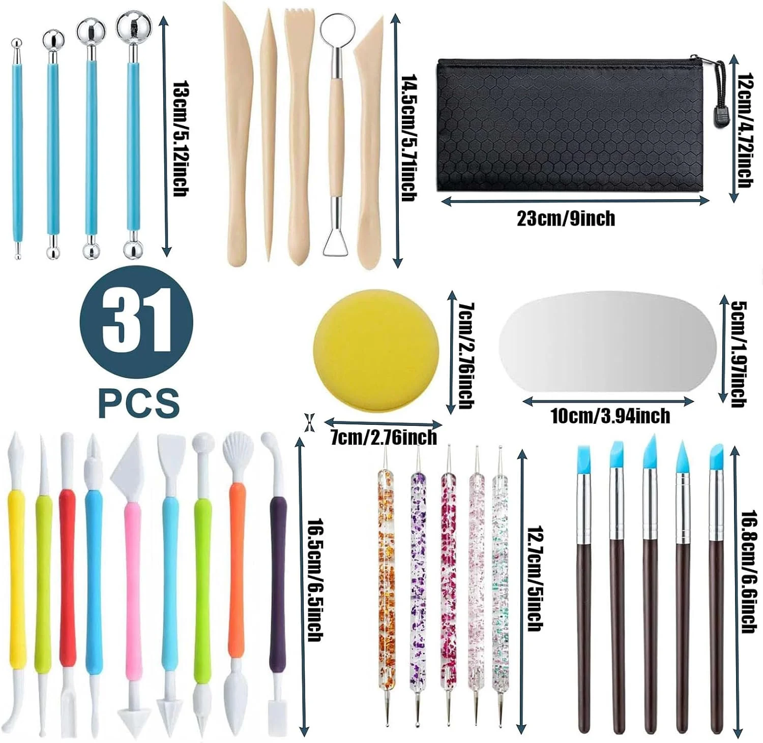 ست ابزار سفالگری، ست 31 عددی ابزار سفالگری، ابزار خاک رس خشک شونده در هوا، ابزار نقطه گذاری خاک رس پلیمری برای حرفه ای ها، مبتدیان و بزرگسالان، مجسمه سازی، مدل سازی، شکل دهی