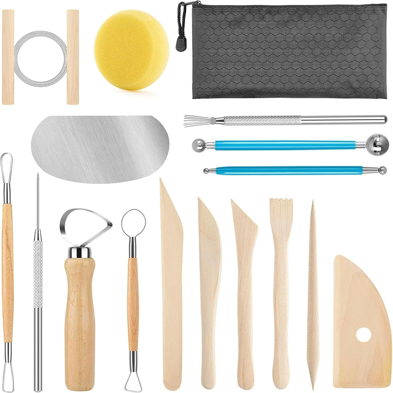 ست ابزار سفالگری، 17 تکه ابزار خمیر پلیمری، ست ابزار مجسمه سازی خمیر مدل سازی، ابزار حکاکی خاک رس، ابزار سرامیک، پیرایش، نقش برجسته، دسته های چوبی صاف
