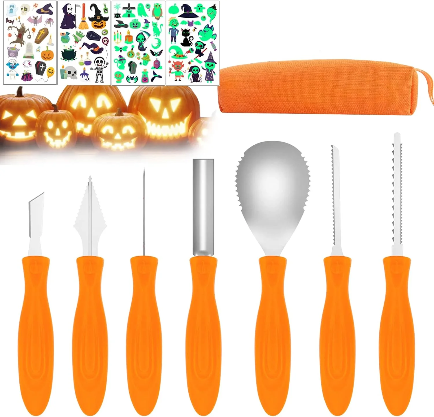ست حکاکی کدو تنبل ETTHAGD هالووین 7 تکه ابزار حکاکی کدو تنبل حرفه ای با 4 عدد برچسب شب تاب هالووین و 1 کیف مجسمه سازی DIY چاقوی حکاکی جک اولانترن کودک