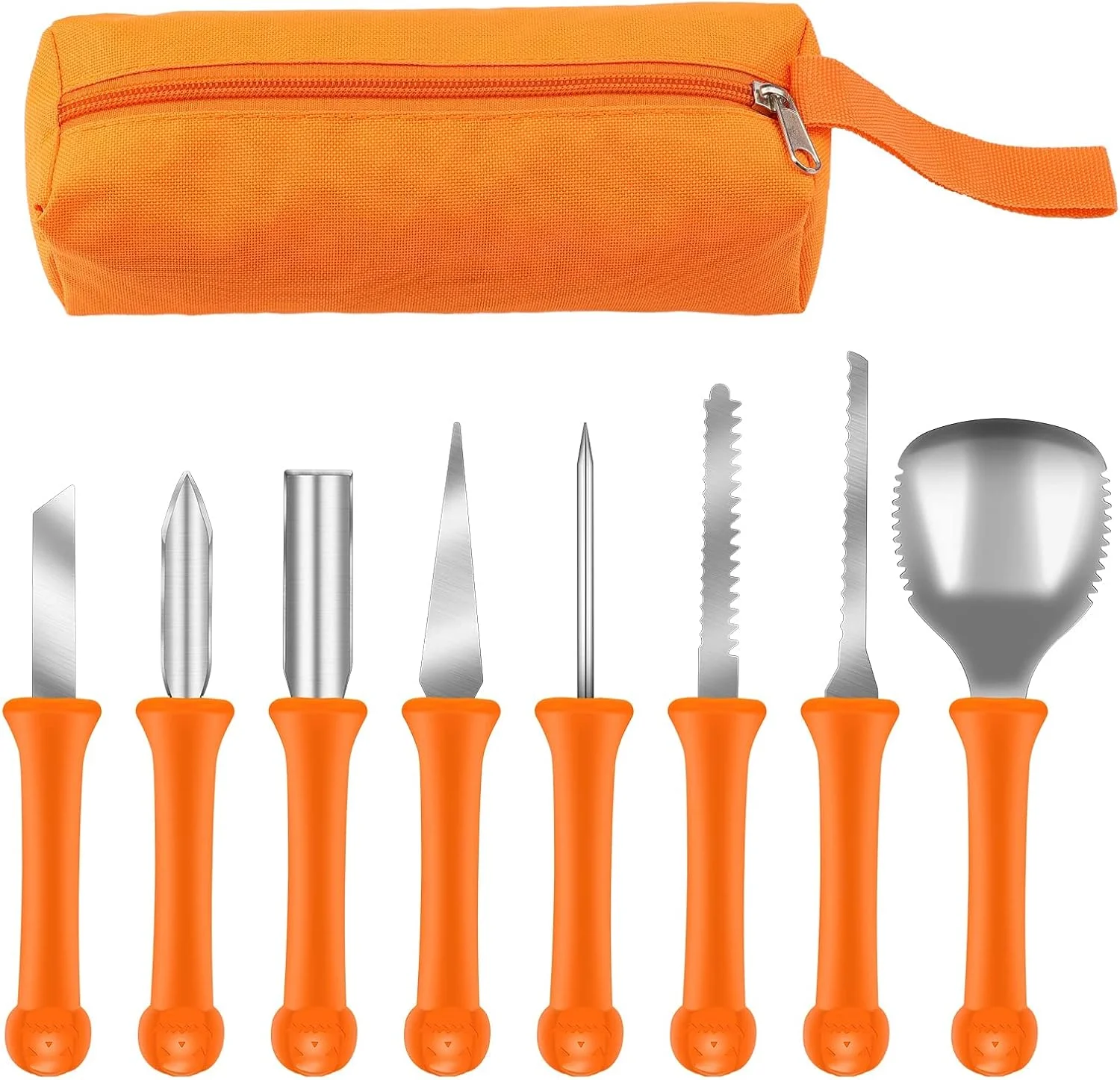 ست 8 عددی ابزار حکاکی کدو تنبل هالووین، به همراه کیف دستی قابل حمل، چاقوهای حکاکی کدو تنبل حرفه ای فولاد ضد زنگ، ابزارهای مجسمه سازی برای مجسمه سازی کدو تنبل، آثار هنری DIY و صنایع دستی...