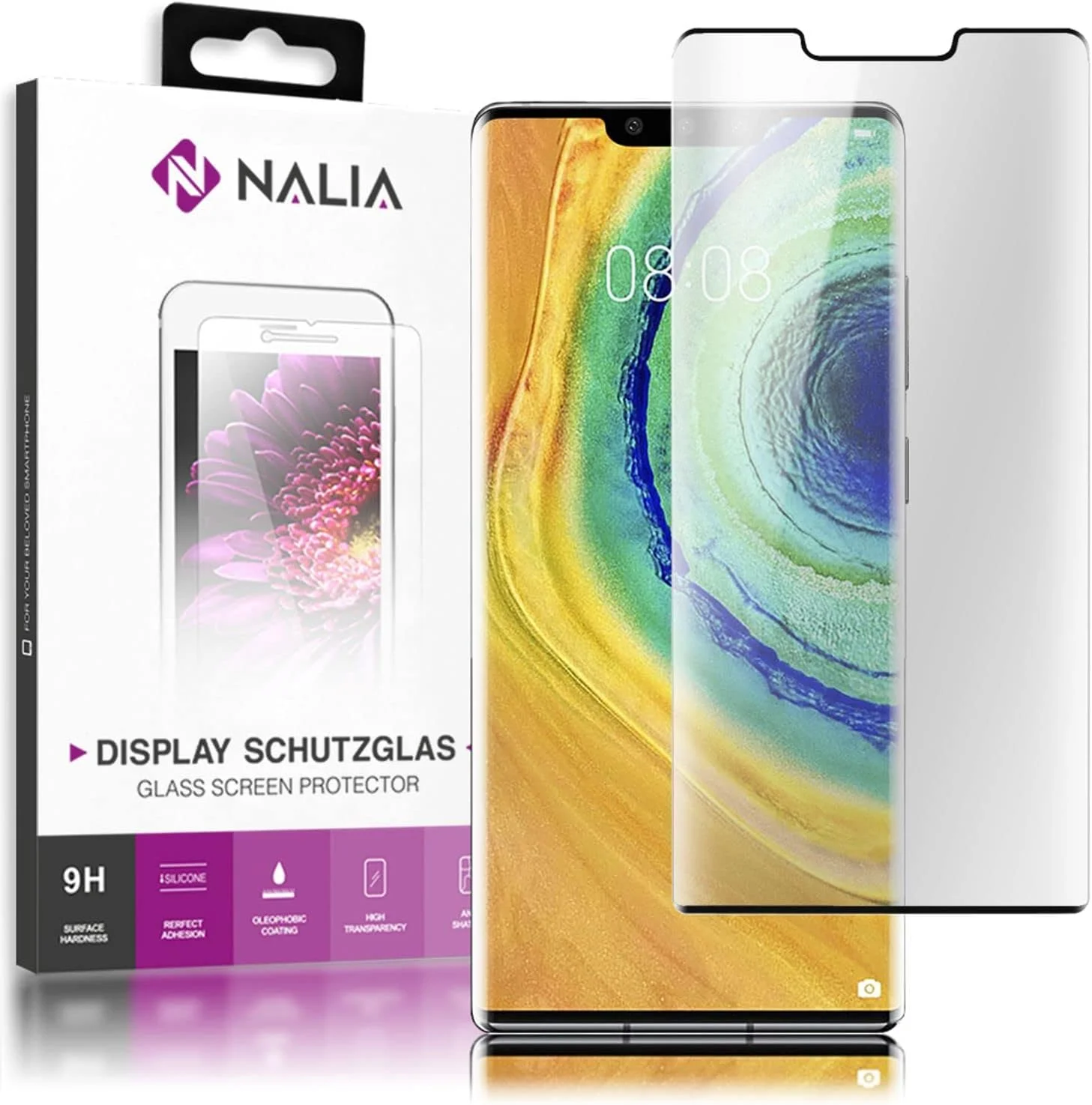 محافظ صفحه نمایش نالیا سازگار با Huawei Mate30 Pro، شیشه ای، فیلم محافظ صفحه نمایش منحنی حرارت دیده با پوشش کامل 9H، محافظ LCD تلفن هوشمند، پوشش ضد شکست - مشکی شفاف