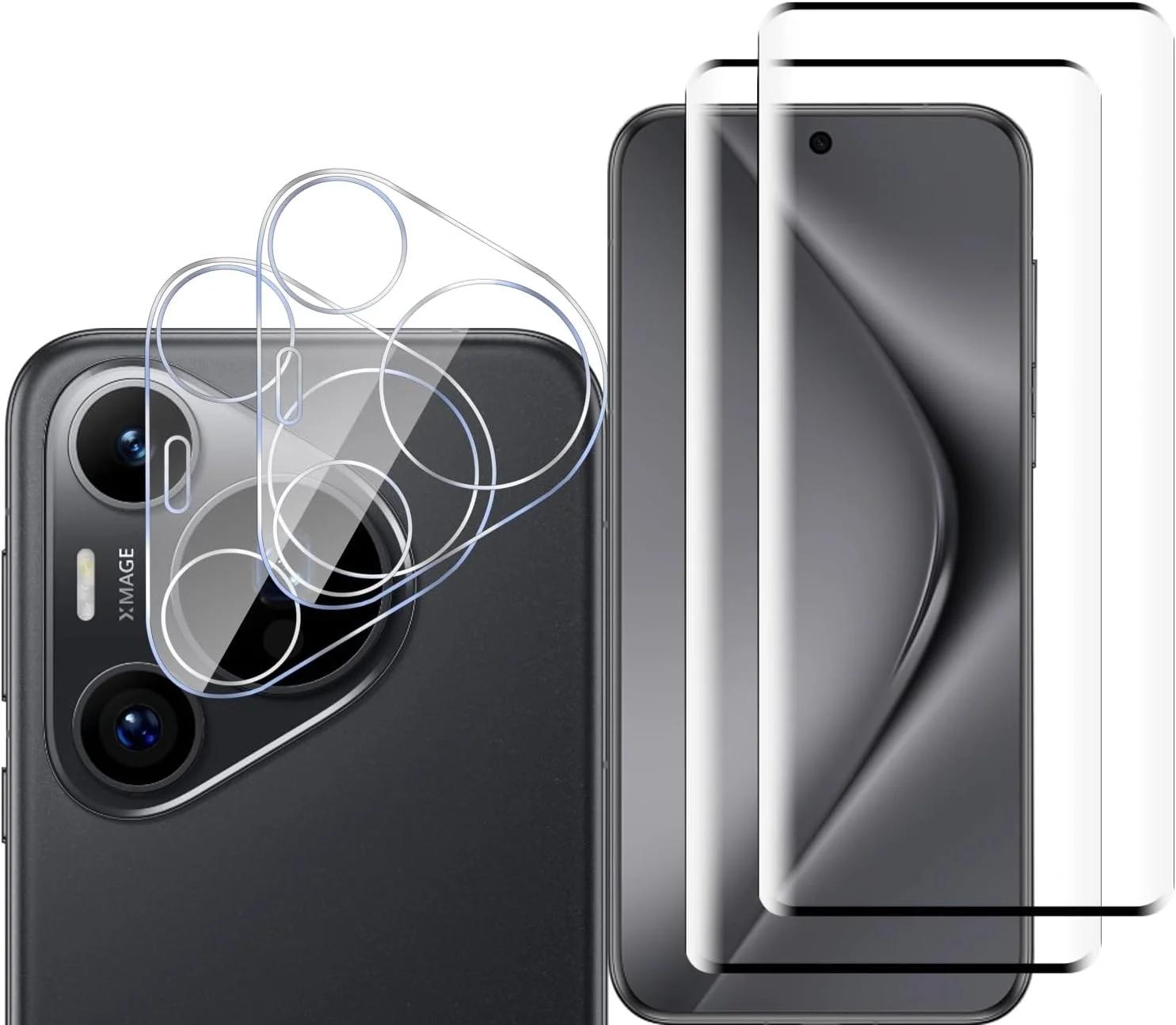 محافظ صفحه نمایش و لنز دوربین شیشه‌ای حرارتی مشکی سازگار با Huawei Pura 80 Pro Plus (بسته 2+2 عددی)