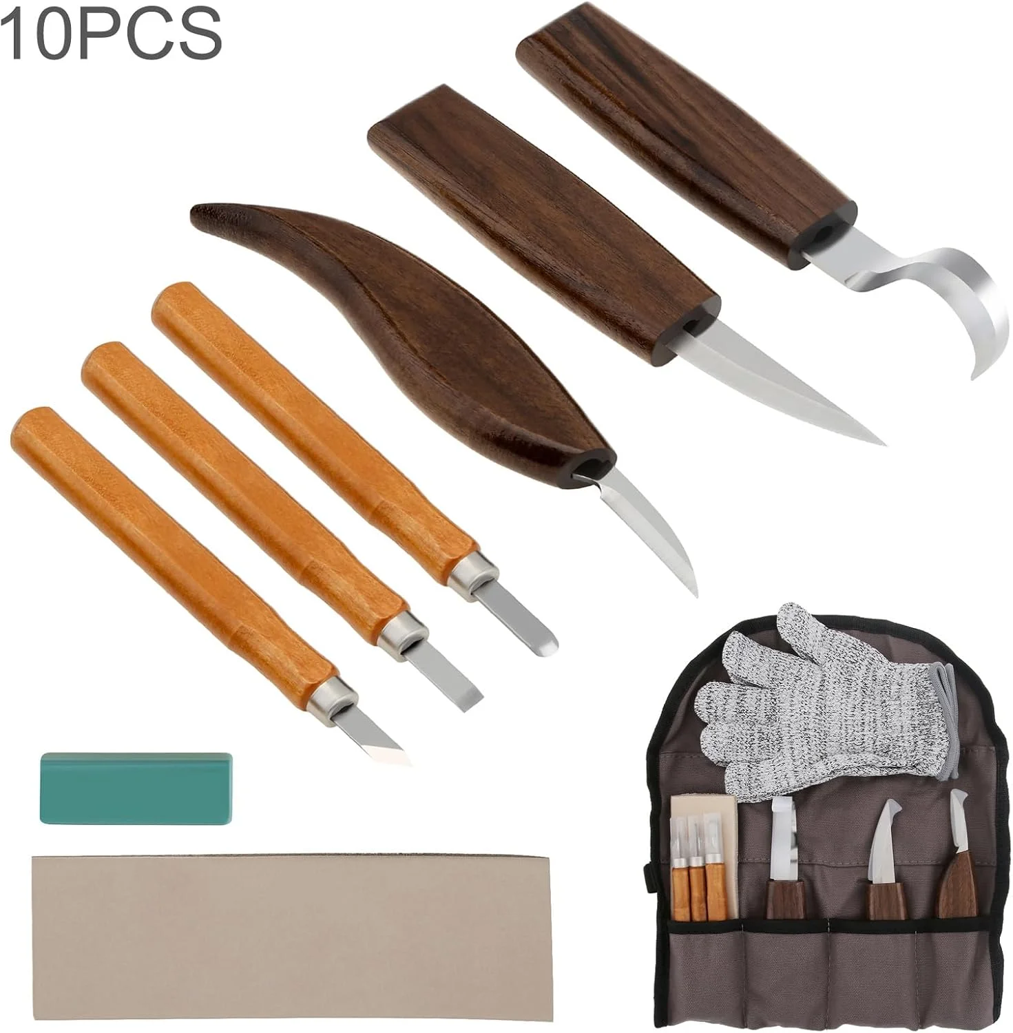 مجموعه 10 عددی ابزار حکاکی چوب Omninmo، کیت چاقوی نجاری، کیت چاقوی غار، چاقوی پیرایش، چاقوی قلاب دار، برش با دستکش مقاوم و کیف برزنتی برای نجاری