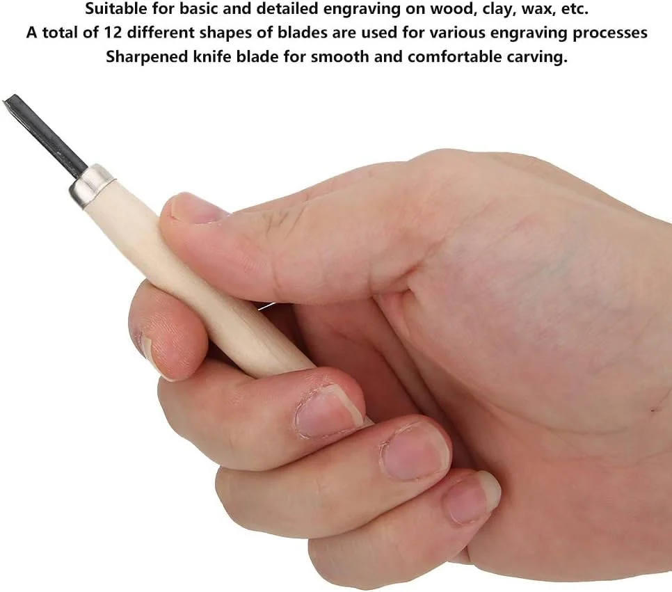 ست ۱۲ عددی ابزار حکاکی چوب، مجموعه ابزار حکاکی دستی، کیت حکاکی مجسمه سازی نجاری برای مبتدیان و کودکان