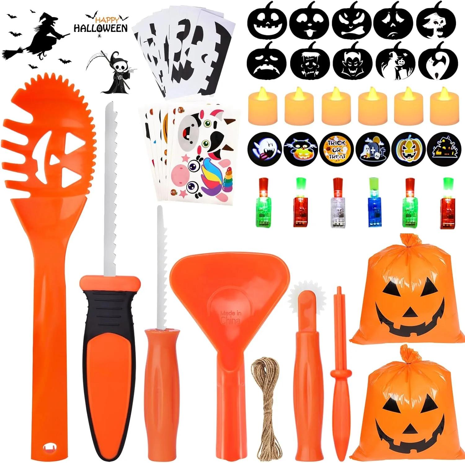 ست حکاکی کدو تنبل برای کودکان، مجموعه 6 عددی ابزار حکاکی کدو تنبل هالووین + 6 عدد شمع LED + 6 عدد حلقه LED + 6 عدد برچسب کدو تنبل + 10 عدد شابلون حکاکی + 2 عدد کیسه چمن، تزئینات هالووین فانوس جک DIY