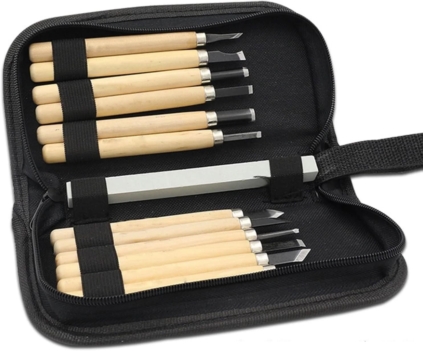 ست مغار چوب بری با سنگ تیزکن، ابزار حکاکی چوب، ابزار چاقوی حکاکی دستی حرفه ای با کیف نگهداری برای مجسمه سازی، صنایع دستی DIY، 12 عددی