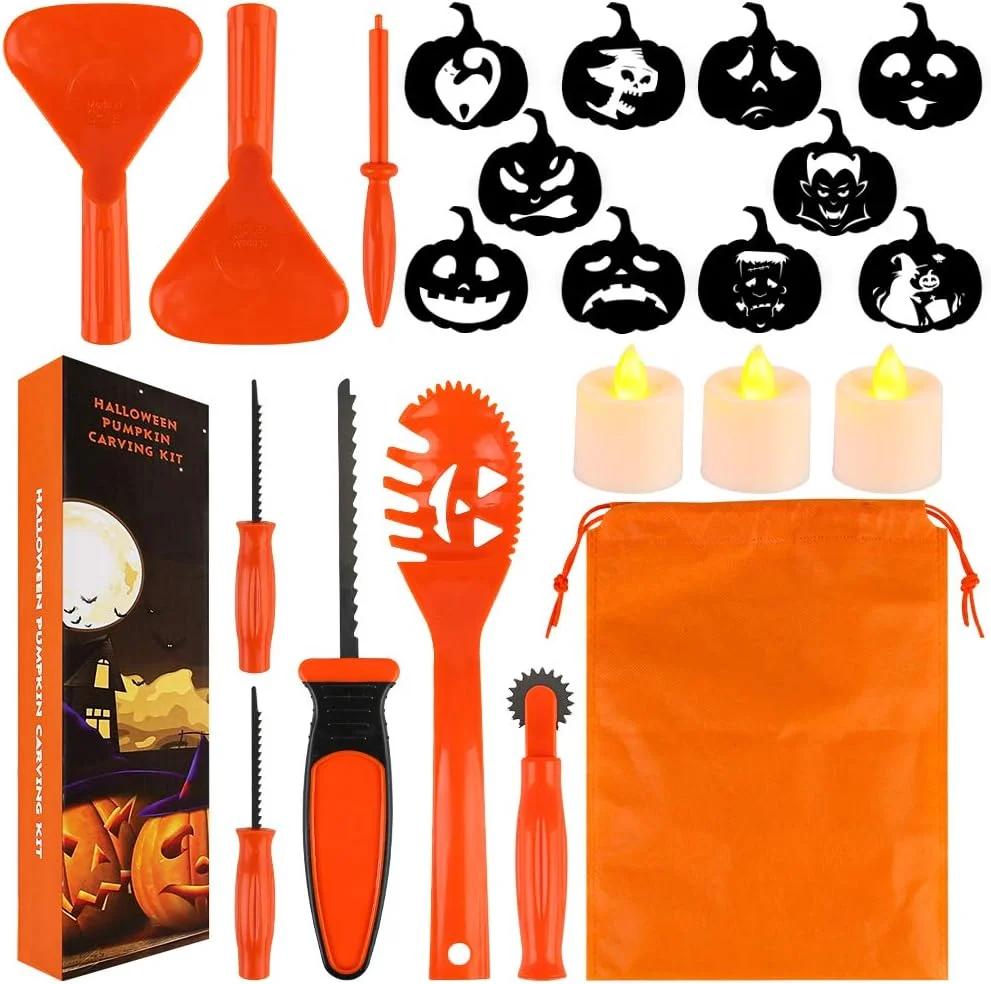 HANSGO Pumpkin Carving Kit for Kids, 22PCS Easy Halloween Pumpkin Carving Tools Set with LED Candles, Carving Stencils, Storage Bag