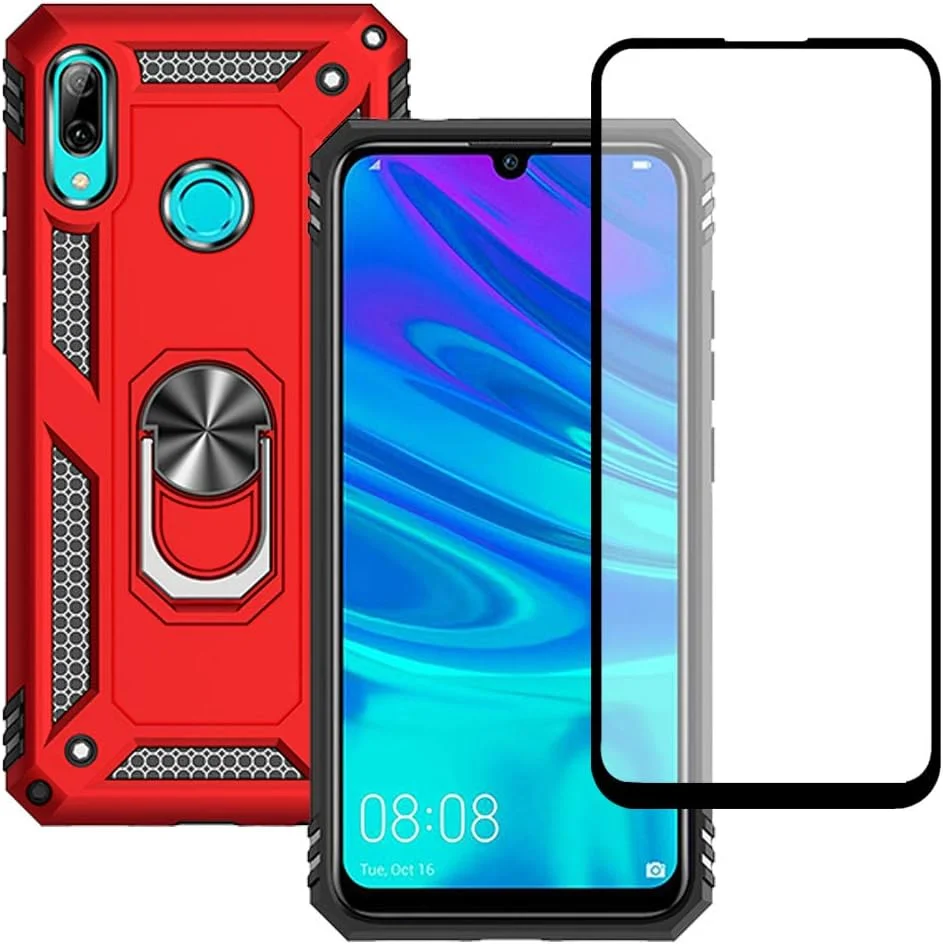 قاب گوشی هواوی P Smart 2019 ییاکنگ به همراه محافظ صفحه نمایش شیشه ای حرارت دیده، کاور محافظ سیلیکونی ضد ضربه با درجه نظامی و دارای پایه انگشتی حلقه ای برای هواوی P Smart 2019 (قرمز)