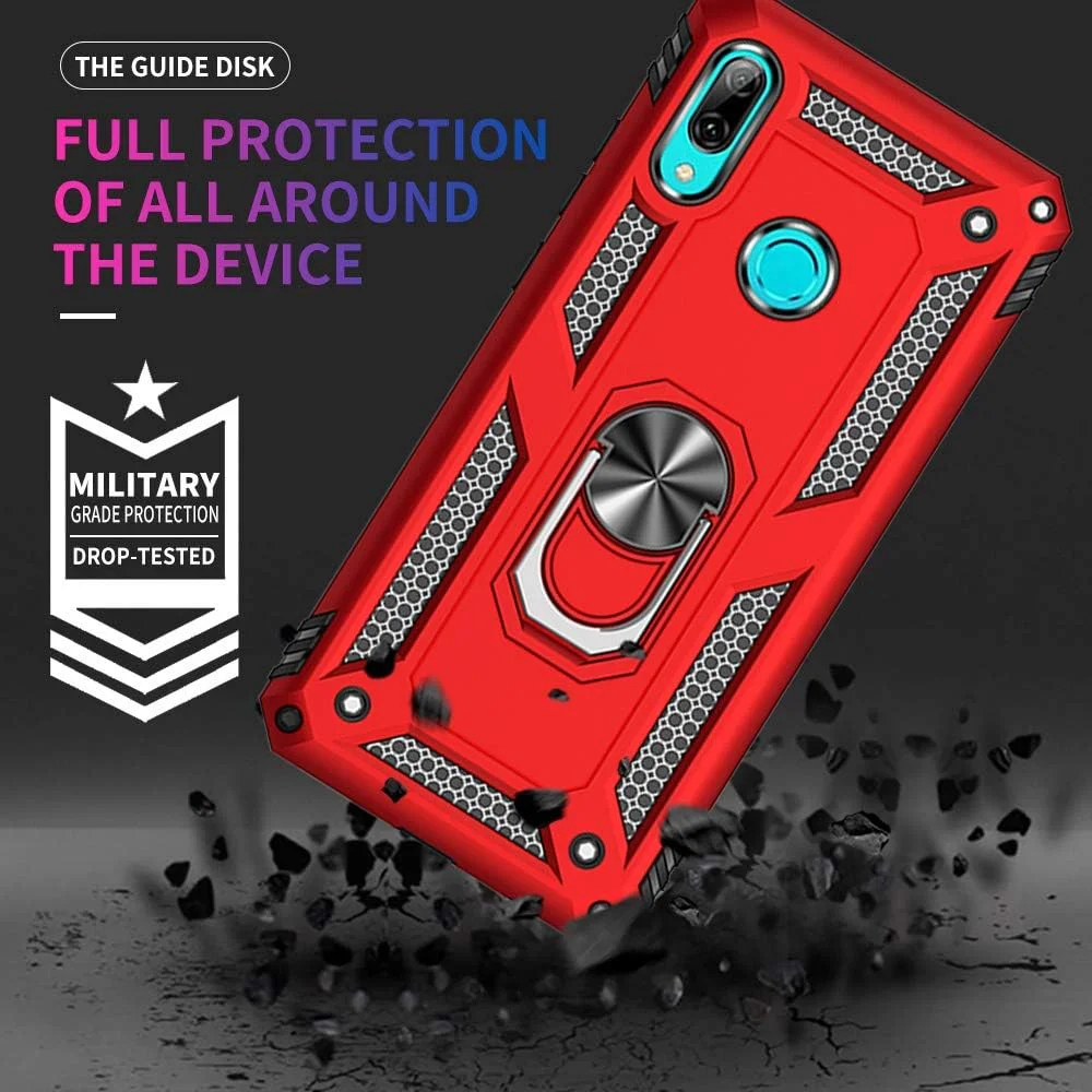 قاب گوشی هواوی P Smart 2019 ییاکنگ به همراه محافظ صفحه نمایش شیشه ای حرارت دیده، کاور محافظ سیلیکونی ضد ضربه با درجه نظامی و دارای پایه انگشتی حلقه ای برای هواوی P Smart 2019 (قرمز)