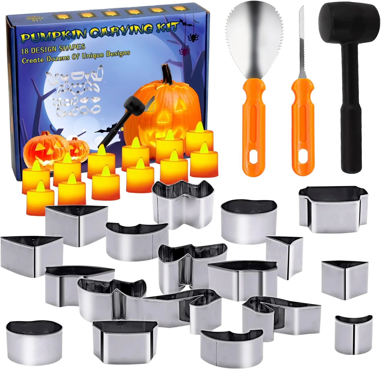 ButyHome 33 PCS Pumpkin Carving Kit, Stainless Steel Pumpkin Carving Tools with Hammer DIY Stencils Pumpkin Carver Kit Carving Set for Halloween Decoration Safe for Kids Adults with 12 Candle Lights