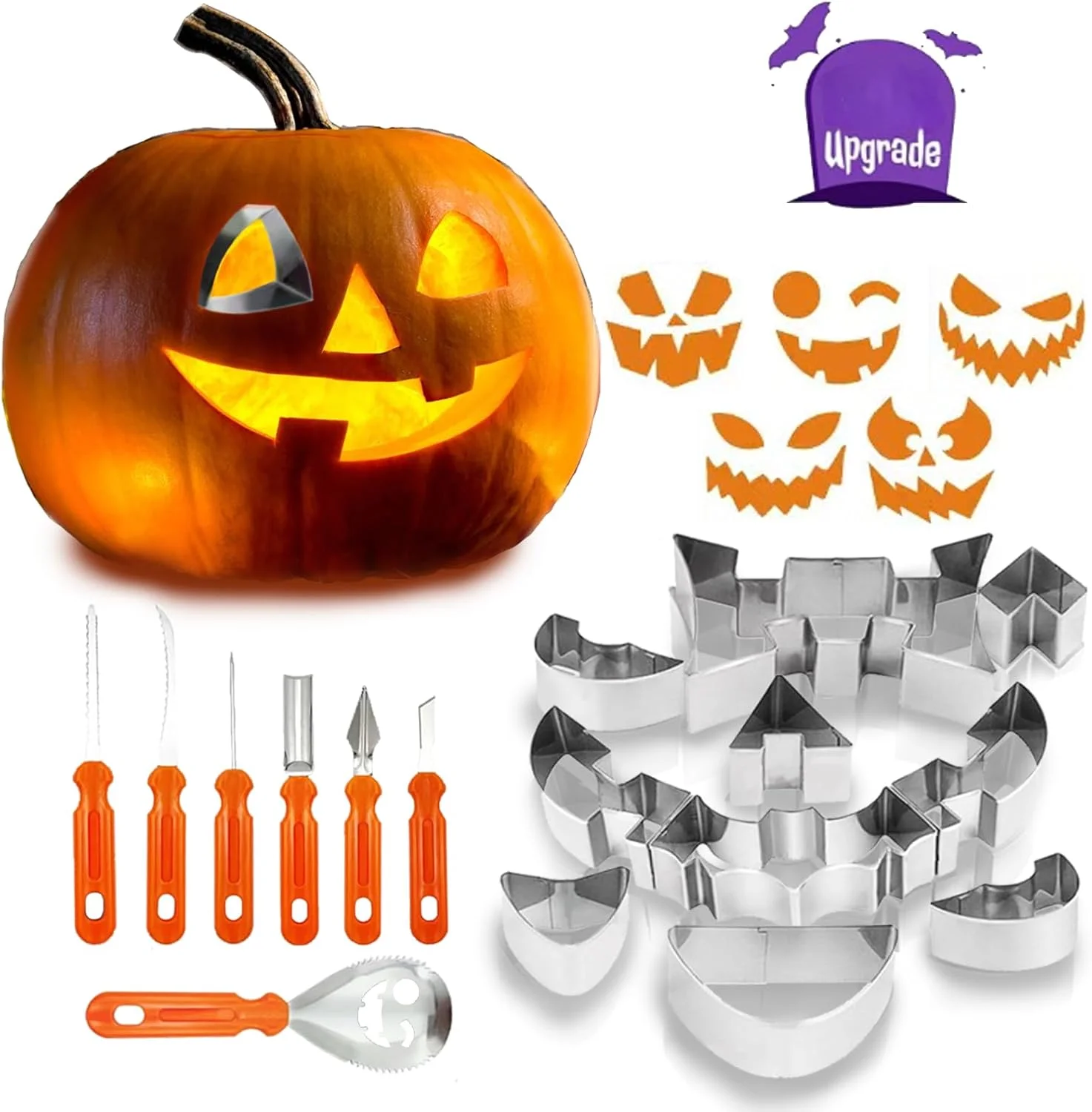 ست حکاکی کدو تنبل JOMEARCRENG - مجموعه بزرگ با شابلون (21 تکه) - قالب های فلزی شیرینی پزی و ابزارهای ایمن برای کودکان برای جشن هالووین