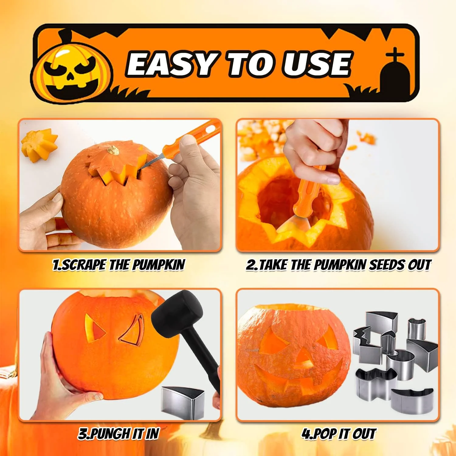 ButyHome 33 PCS Pumpkin Carving Kit, Stainless Steel Pumpkin Carving Tools with Hammer DIY Stencils Pumpkin Carver Kit Carving Set for Halloween Decoration Safe for Kids Adults with 12 Candle Lights