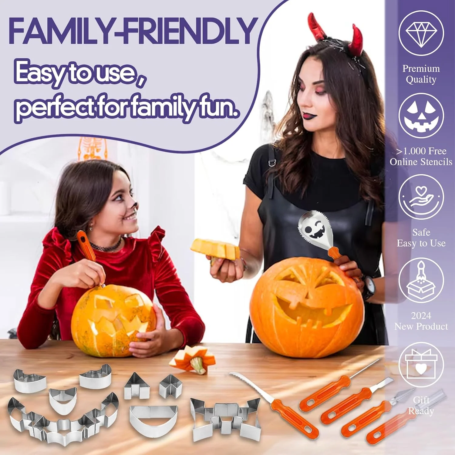 ست حکاکی کدو تنبل JOMEARCRENG - مجموعه بزرگ با شابلون (21 تکه) - قالب های فلزی شیرینی پزی و ابزارهای ایمن برای کودکان برای جشن هالووین ست حکاکی کدو تنبل JOMEARCRENG - مجموعه بزرگ با شابلون (21 تکه) - قالب های فلزی شیرینی پزی و ابزارهای ایمن برای کودکان برای جشن هالووین