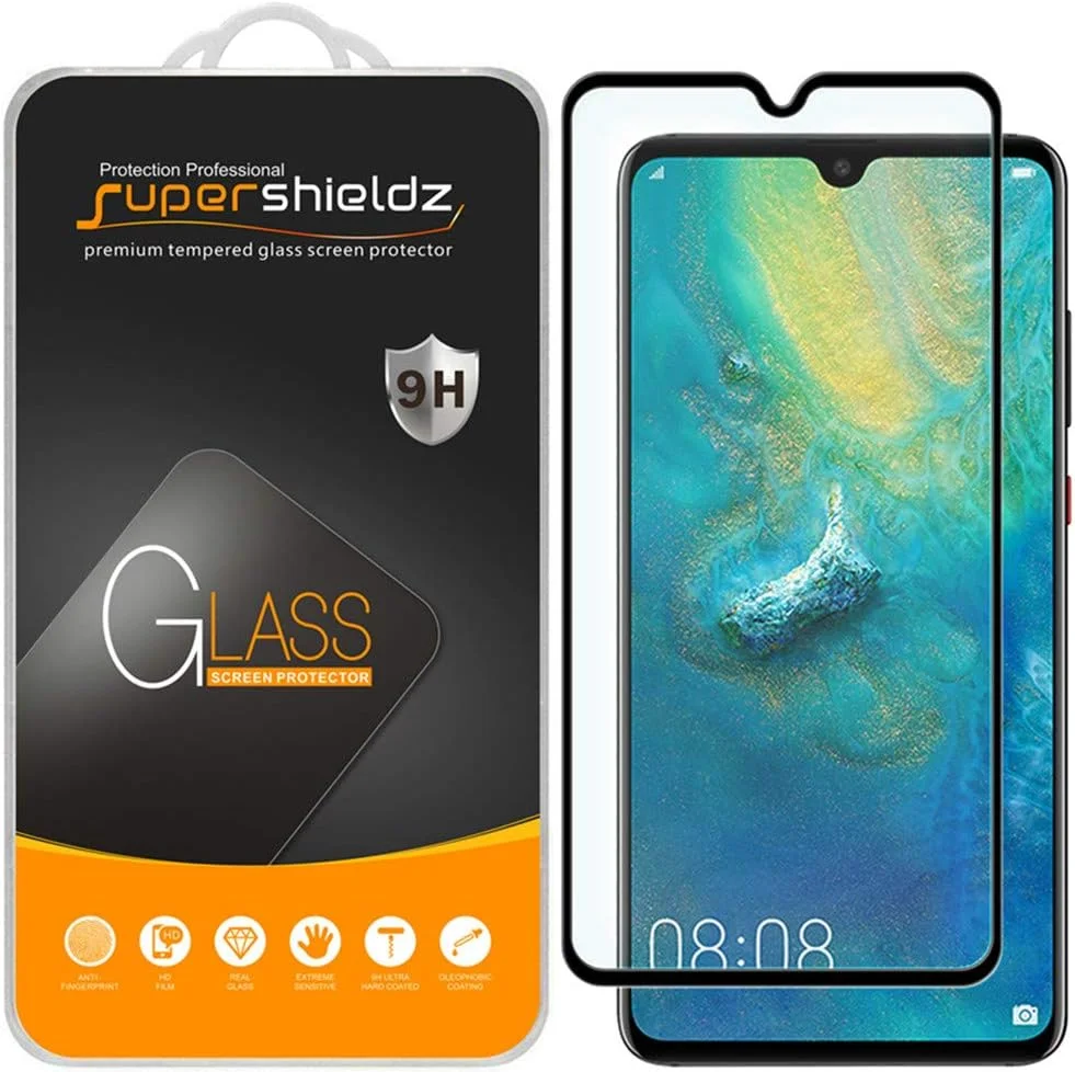 محافظ صفحه نمایش شیشه ای حرارت دیده سوپرشیلدز (2 عددی) برای هوآوی (Mate 20)، پوشش کامل صفحه نمایش، ضد خش، بدون حباب (مشکی)