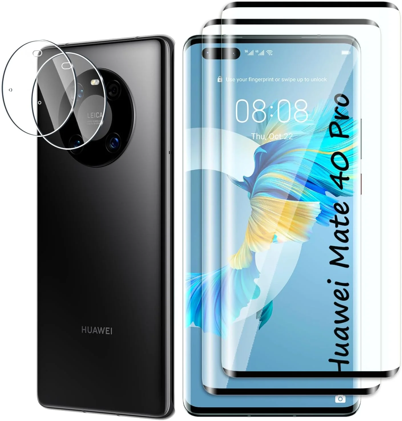 محافظ صفحه نمایش شیشه ای حرارت دیده Fyqzio [بسته 2+2] سازگار با Huawei Mate 40 Pro و دوربین، بدون حباب، سختی 9H، ضد خش، خمیده سه بعدی، محافظ صفحه نمایش HD برای Huawei Mate 40 Pro