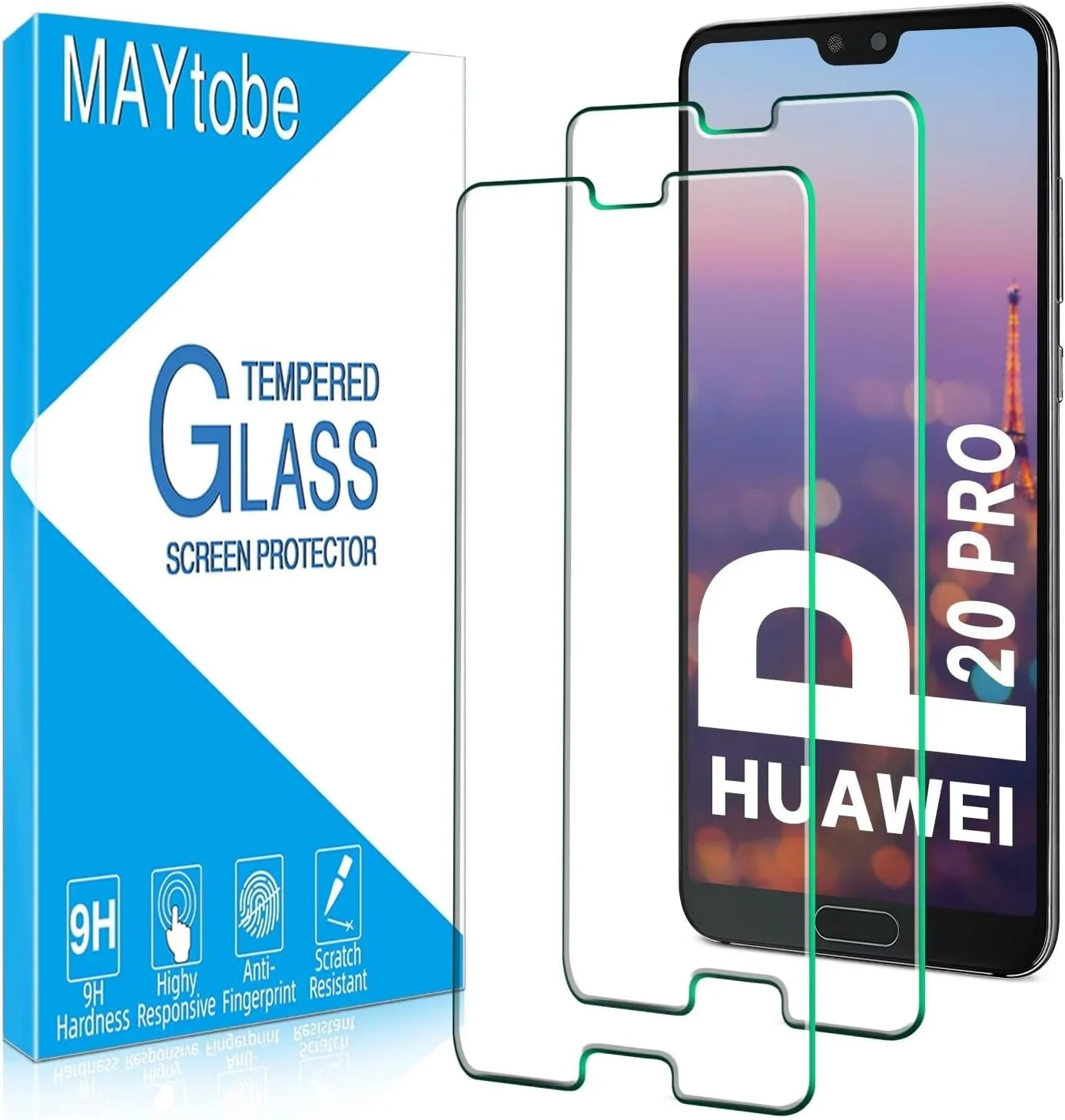 محافظ صفحه نمایش MAYtobe [بسته 2 عددی] شیشه حرارت دیده برای Huawei P20 Pro، ضد خش، لبه گرد 2.5 بعدی، سختی 9H، بدون حباب، نصب آسان، شفافیت HD