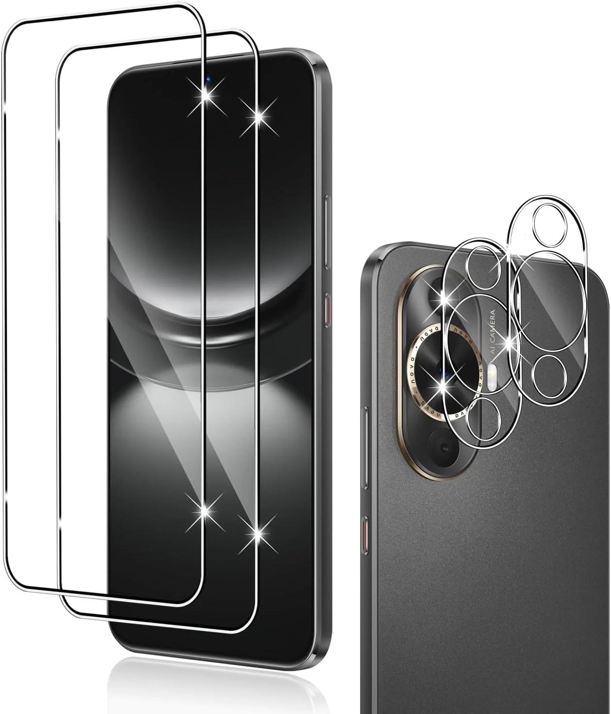 محافظ صفحه نمایش و لنز دوربین تمام چسب شیشه‌ای برای هواوی نوا 12S (2 عدد گلس + 2 عدد محافظ لنز) - سختی 9H، ضد خش، شفافیت HD، نصب آسان بدون حباب