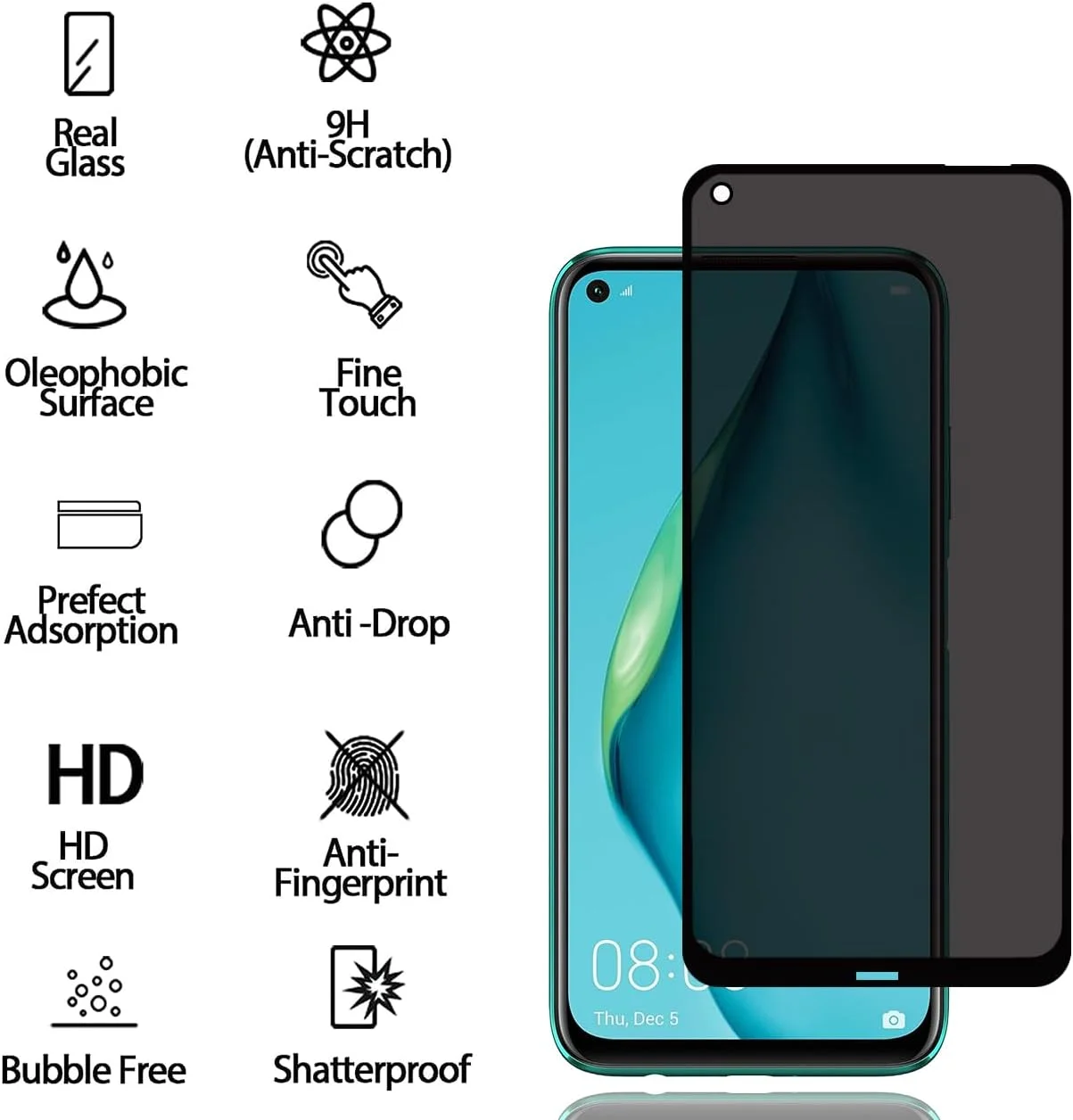 محافظ صفحه نمایش حریم خصوصی برای هوآوی P40 Lite 4G [بسته 2 عددی]، فیلم شیشه ای حرارت دیده ضد جاسوسی، سختی 9H، ضد خش، ضد اثر انگشت، بدون حباب، محافظ صفحه نمایش ضد جاسوسی برای هوآوی P40 Lite 4G