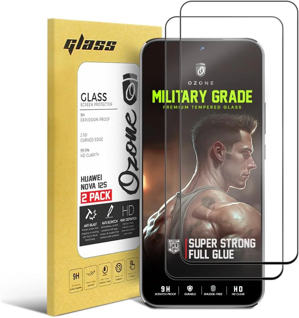 محافظ صفحه نمایش شیشه ای حرارت دیده با پوشش کامل O Ozone، بسته 2 عددی، مناسب برای گوشی هوآوی نوا 12S، فیلم شیشه ای حرارت دیده با سختی 9H، لبه مشکی، شفافیت HD، محافظ صفحه نمایش سازگار با قاب