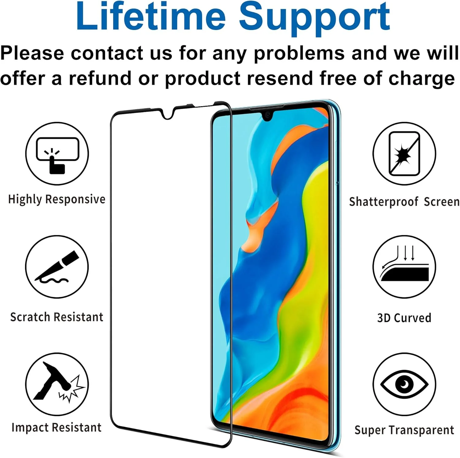 محافظ صفحه نمایش 4youquality [بسته 3 عددی] پوشش کامل برای Huawei P30 Lite، فیلم شیشه ای حرارت دیده [پوشش کامل] [ضد خش] [ضد شکستگی]