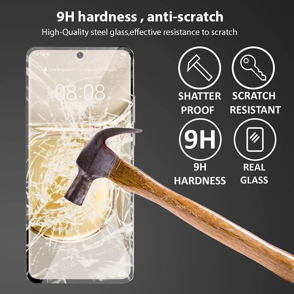 محافظ صفحه نمایش Al-HuTrusHi سازگار با Huawei P50 Pro، شیشه حرارت دیده، چسب کامل منحنی سه بعدی، (پوشش کامل صفحه نمایش)، حساس به لمس، ضد خش، HD شفاف، سازگار با قاب