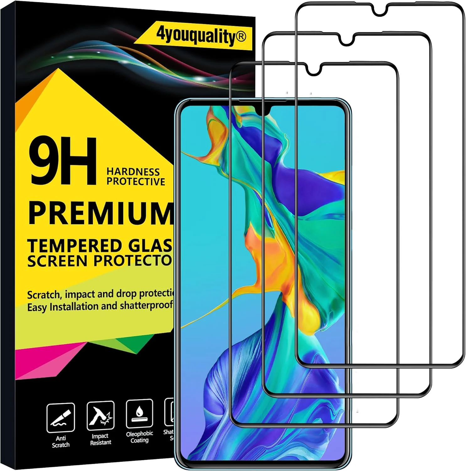 محافظ صفحه نمایش فول کاور 4youquality [بسته 3 عددی] برای Huawei P30، فیلم شیشه ای حرارت دیده [پوشش کامل] [ضد خش] [ضد شکستگی]