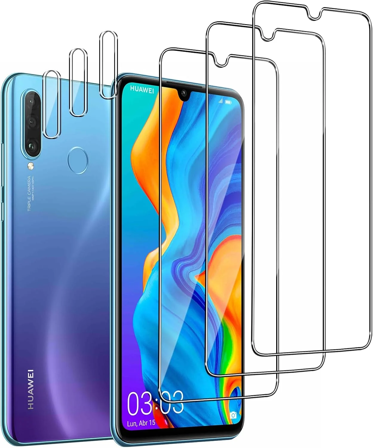 محافظ صفحه نمایش QZJinch [بسته 3+3 عددی] برای HUAWEI P30 Lite، لبه های منحنی 2.5D، سختی 9H، مقاوم در برابر خراش، HD شفاف، سازگار با قاب، سازگار با HUAWEI P30 Lite