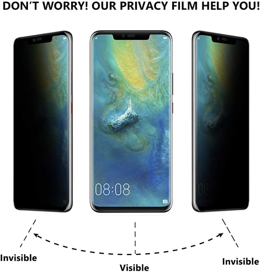 محافظ صفحه نمایش حریم خصوصی Mate 20 Pro، محافظ ضد جاسوسی با سختی 9H، سازگار با قاب، محافظ صفحه نمایش شیشه ای حرارت دیده ضد دید زدن برای Huawei Mate 20 Pro (مشکی)