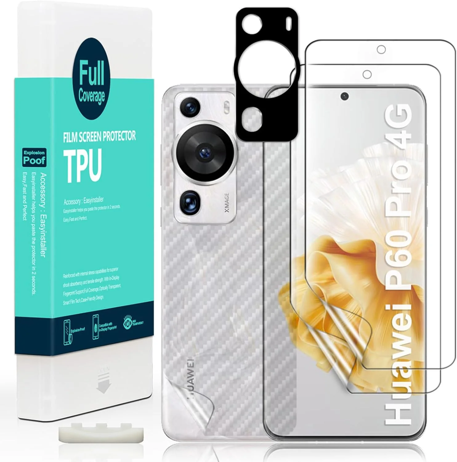 محافظ صفحه نمایش Ibywind برای Huawei P60 Pro 4G (6.67 اینچ)، شامل 2 عدد فیلم TPU انعطاف پذیر، 1 عدد محافظ لنز دوربین، 1 عدد فیلم فیبر کربنی پشتی [حسگر اثر انگشت، نصب آسان، بدون حباب، شفافیت HD]