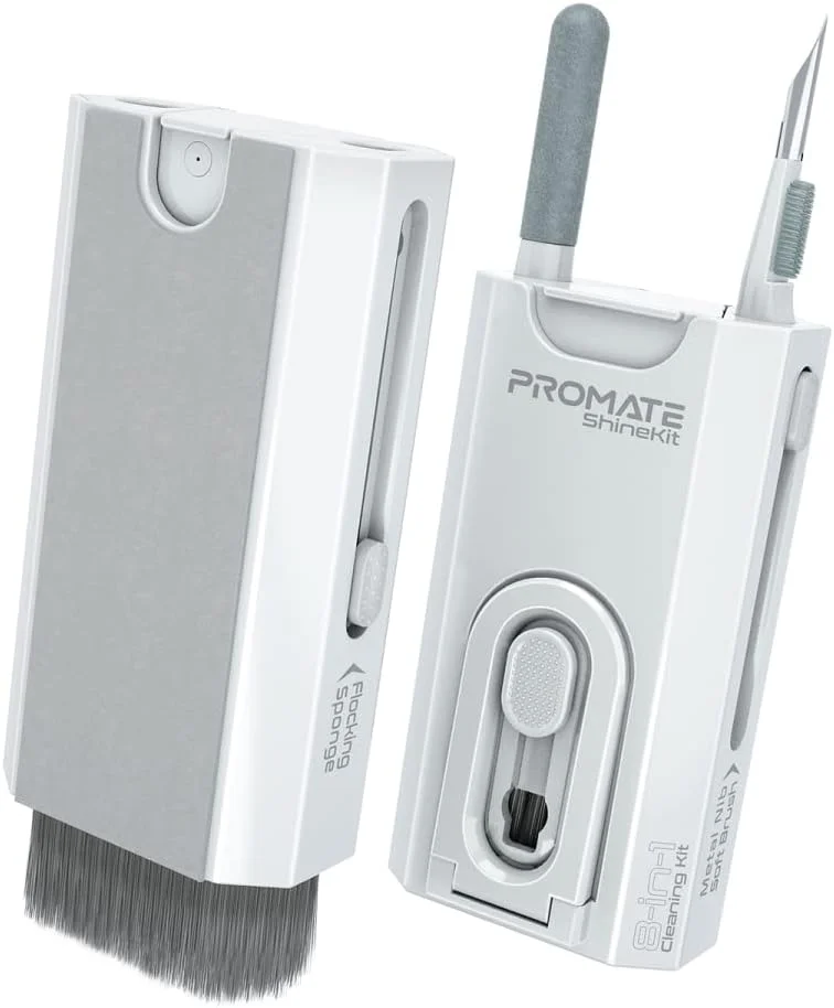 ست تمیز کننده پرومیت، کیت تمیز کننده الکترونیکی 8 در 1 با برس متراکم، اسفنج فلاکینگ، پارچه فیبر قابل جابجایی، بطری اسپری، بیرون کشنده کلید و نگهدارنده تلفن، ShineKit