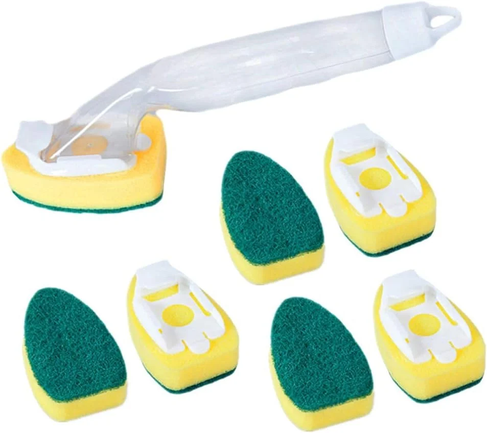 KASTWAVE یک عدد دسته برس ظرفشویی و 7 عدد سری اسفنجی جایگزین، برس اسفنجی تمیز کننده برای تمیز کردن سینک آشپزخانه، 1 دسته برس ظرفشویی و 7 عدد سری جایگزین