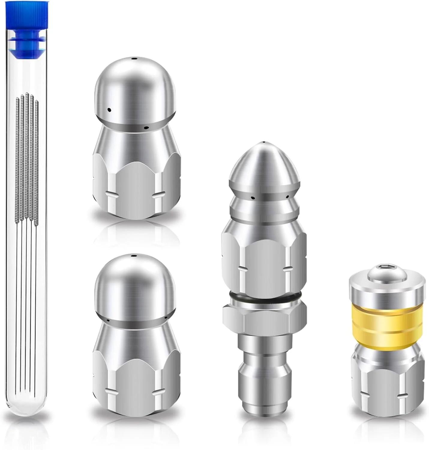 ست نازل جت فاضلاب استیل ضد زنگ 6 تکه KASTWAVE برای کارواش های تحت فشار، 1/4 اینچ NPT، 5000 PSI، ایده آل برای تمیز کردن زهکشی با سر دکمه ای چرخشی
