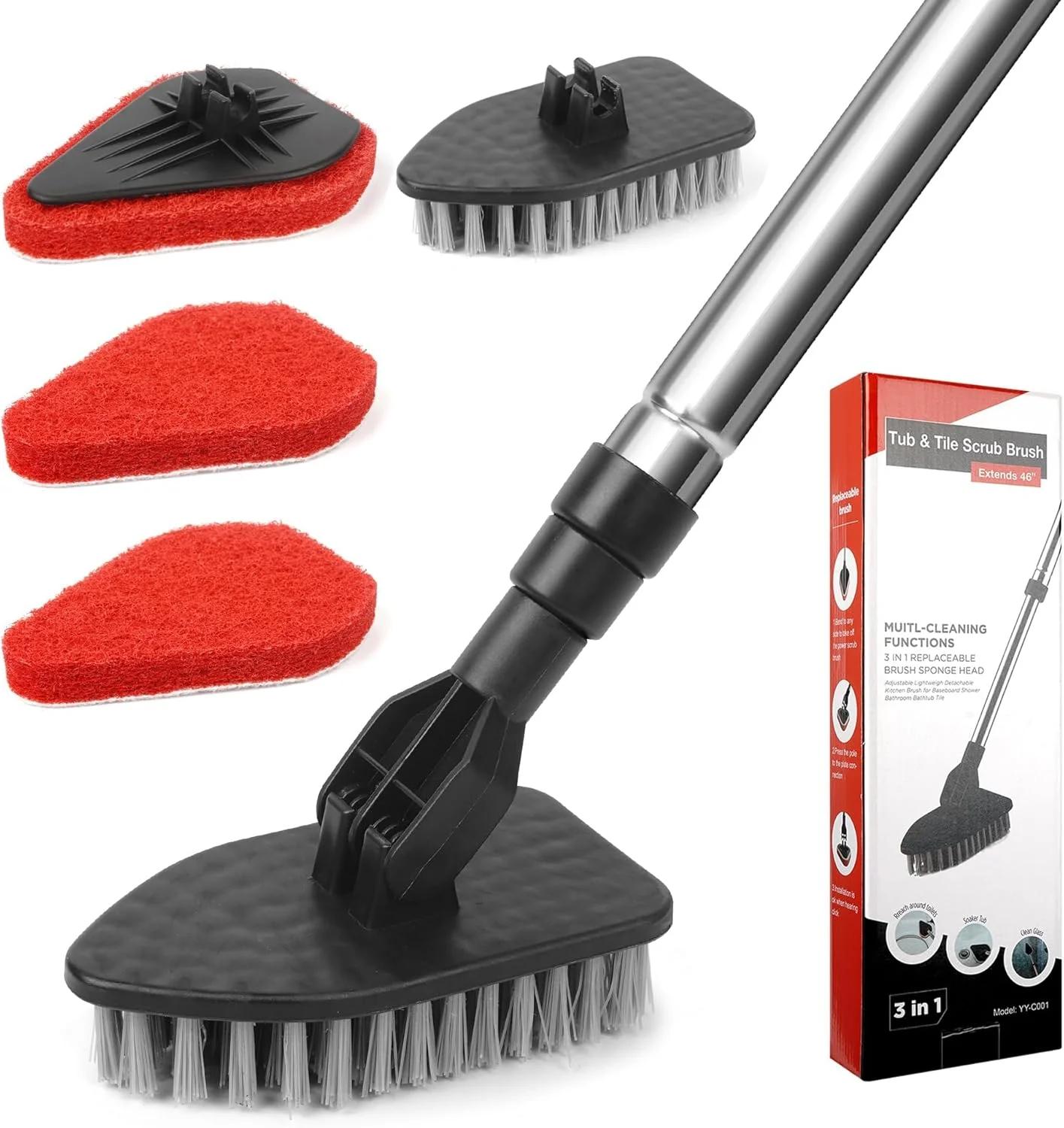 برس تمیز کننده کاشی و وان 2 در 1 با دسته بلند تلسکوپی قابل تنظیم 47 اینچی و پدهای اسکراب زبر برای تمیز کردن حمام، آشپزخانه، توالت، دوش، دیوار و سینک - بدون ایجاد خط و خش